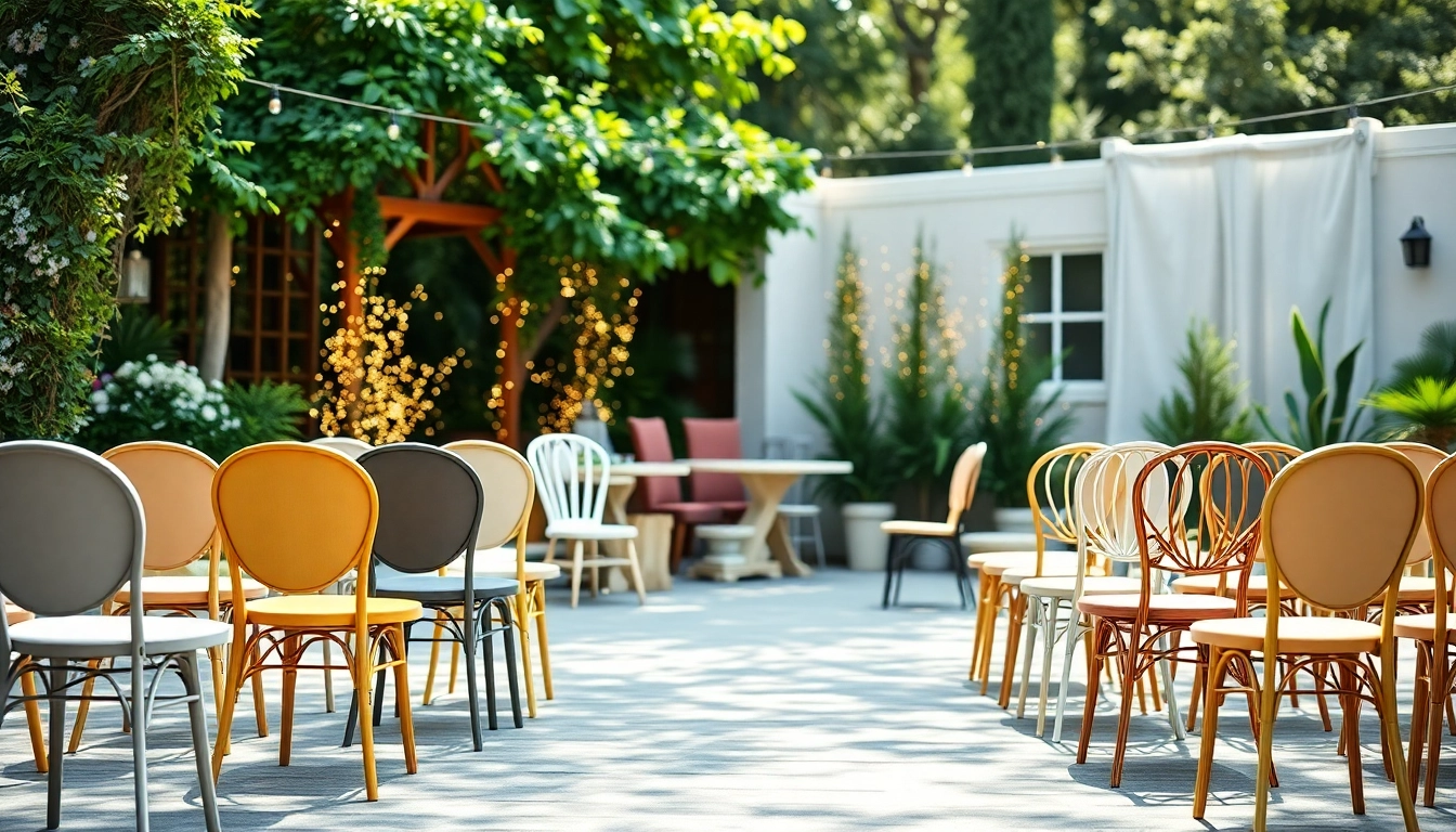 Discover stylish chair rentals set up in an elegant outdoor garden for events.