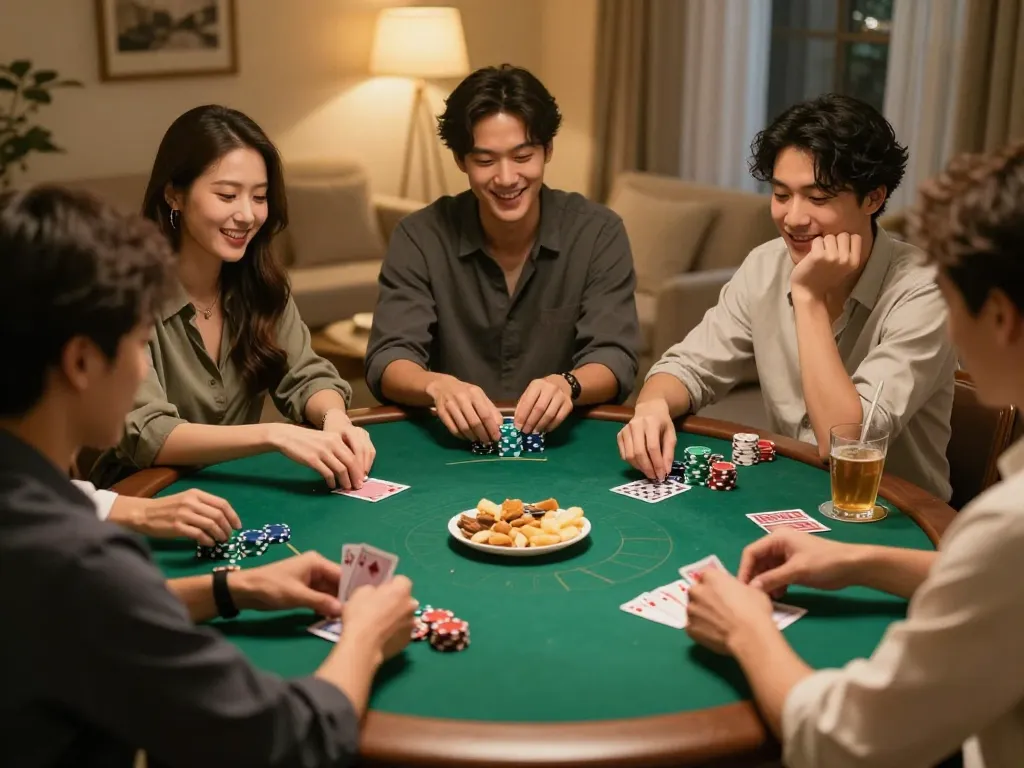 Friends enjoying a poker night at home, showcasing the fun and excitement of gaming at 678vip.