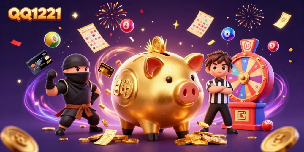 Experience the thrill of QQ1221 with vibrant games and winning energy in a colorful casino scene.