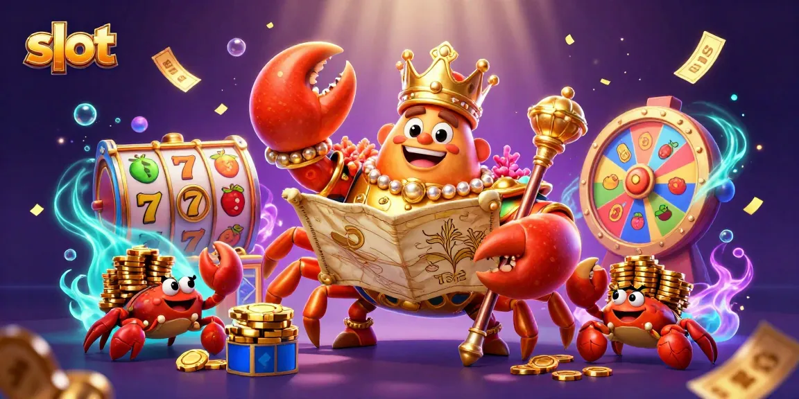 Engage in exciting slot gameplay with a golden crab emperor amidst vibrant casino elements.