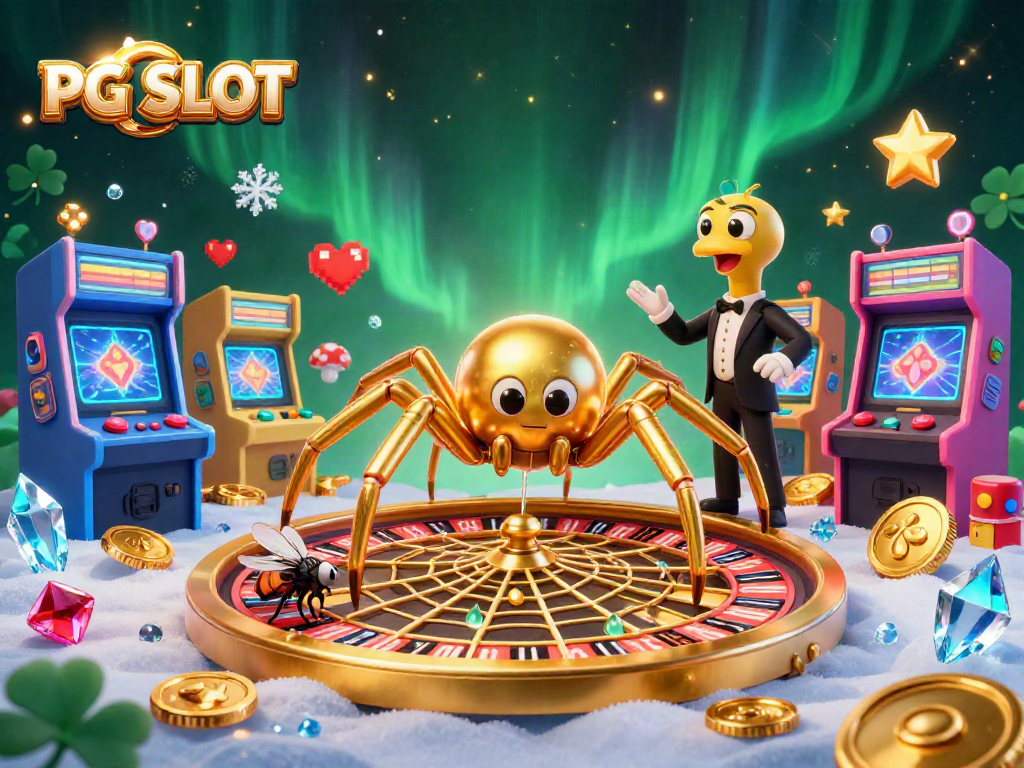 Engage in thrilling gameplay with PG SLOT in this vibrant 3D casino illustration of a golden spider and centipede croupier.