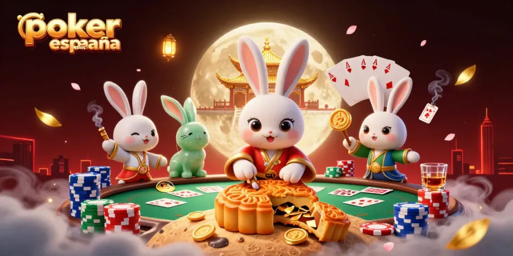 Póker en línea en España: Conejo de luna juega al póker en un entorno mágico con fichas y mesas