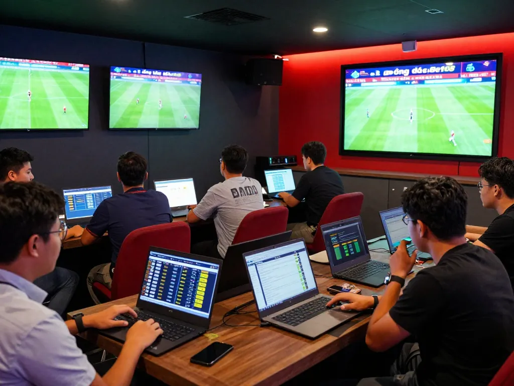 Bóng đá Bet168 betting scene with sports fans analyzing odds in a lively lounge atmosphere