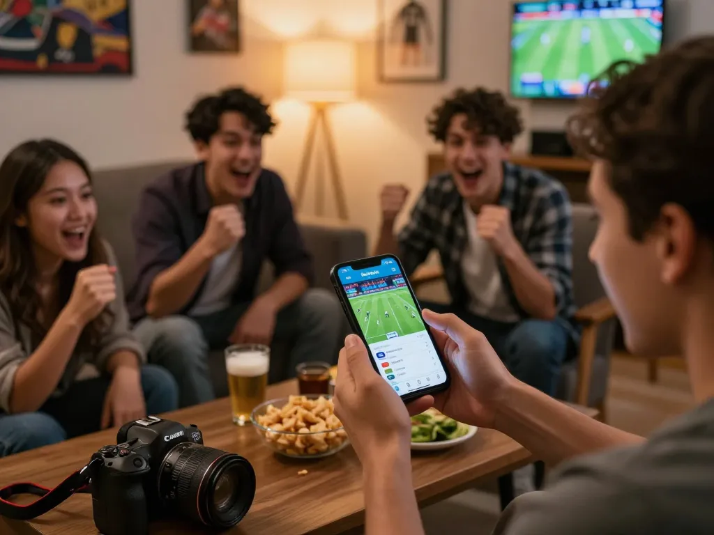 Excited fan using the Bongdalu app for sports betting while enjoying time with friends.
