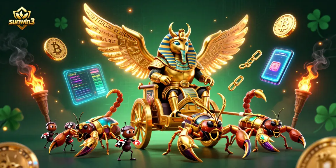 Join the thrilling adventures at sunwin3 with a colossal scarab and scorpions amid vibrant gambling elements.