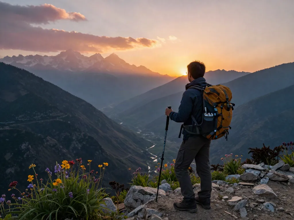 Manaslu Circuit trekker at scenic viewpoint during sunset, capturing breathtaking Himalayan landscape.