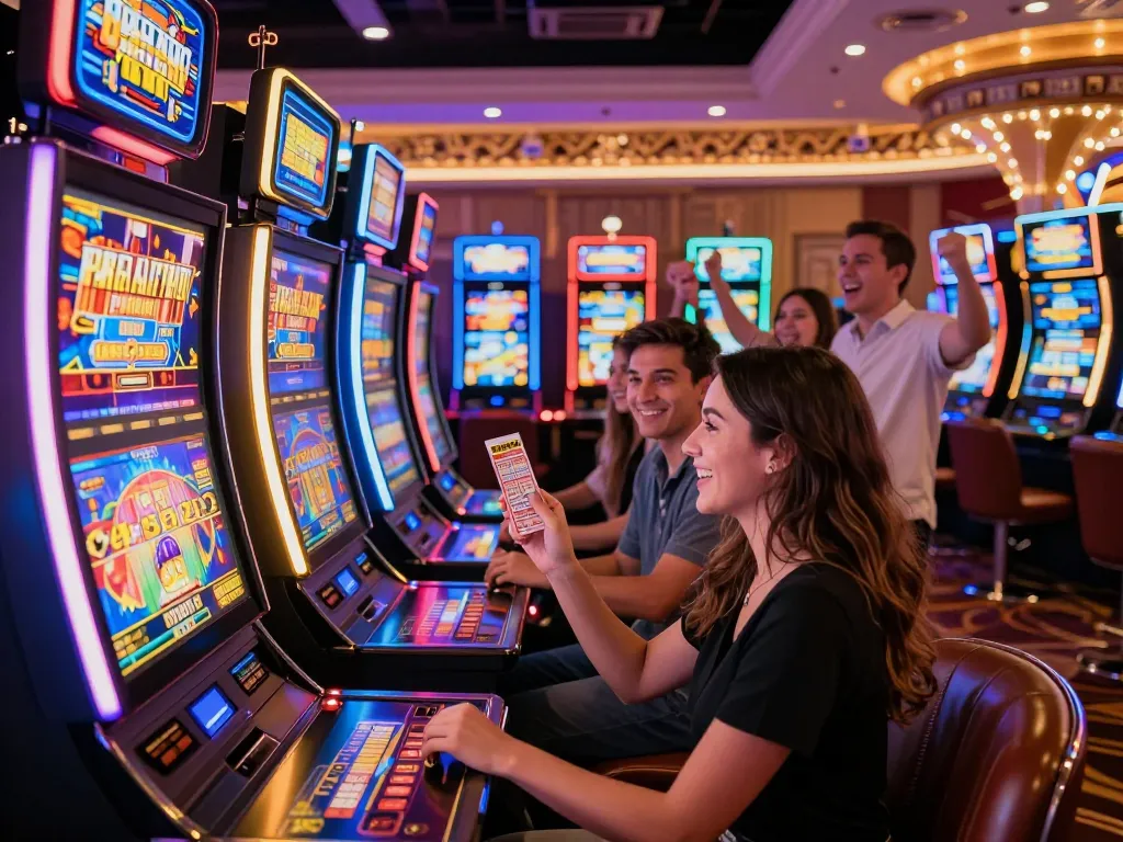 Ruang kasino yang menggembirakan dengan pemain merayakan kemenangan di mesin link slot dalam suasana cerah Las Vegas.