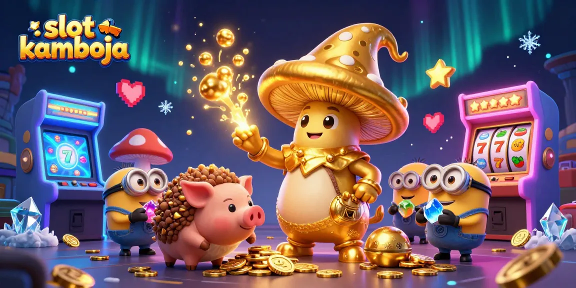 Engage with slot kamboja's vibrant gaming scene featuring a wizard, treasure-hunting pig, and colorful arcade elements.