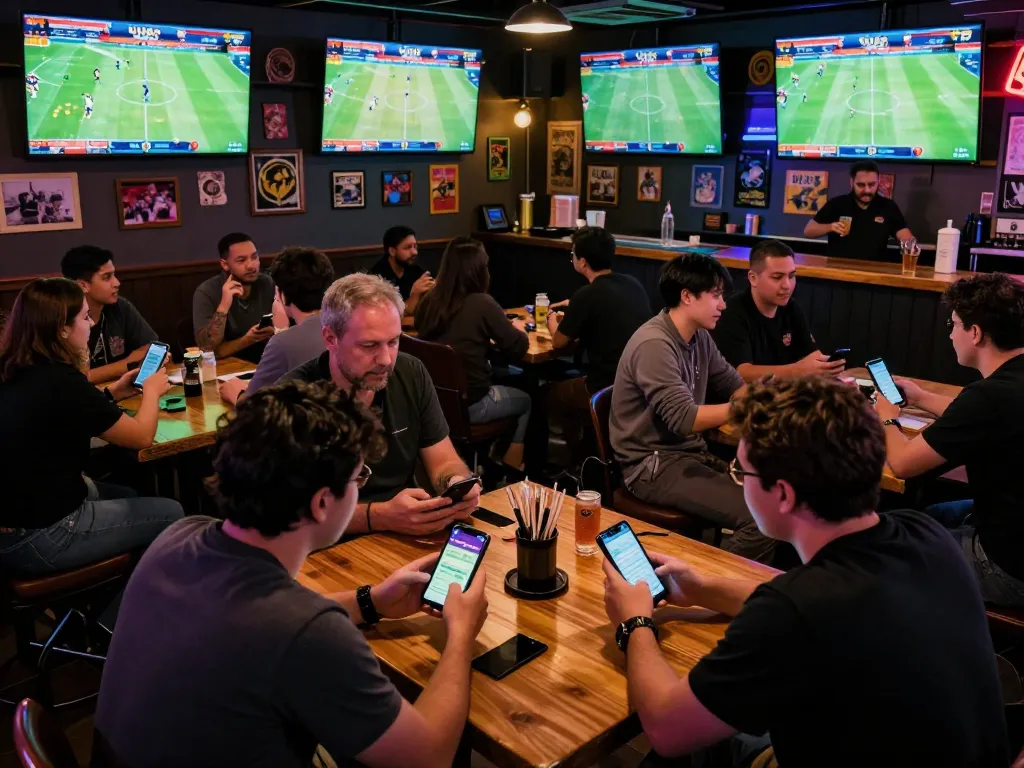 Engaged bettors analyzing live matches on UU88 app in lively sports bar atmosphere.