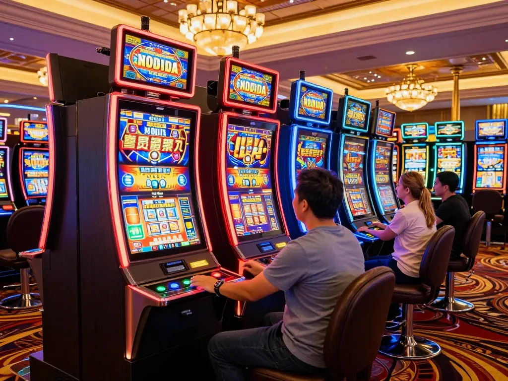 Excited players enjoying the immersive slot777 experience at a vibrant casino.