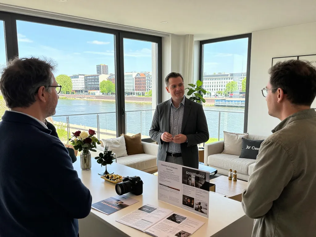 Immobilienmakler Frankfurt Sachsenhausen präsentiert potenziellen Käufern eine hochwertige Wohnung in lebhaftem städtischen Umfeld.