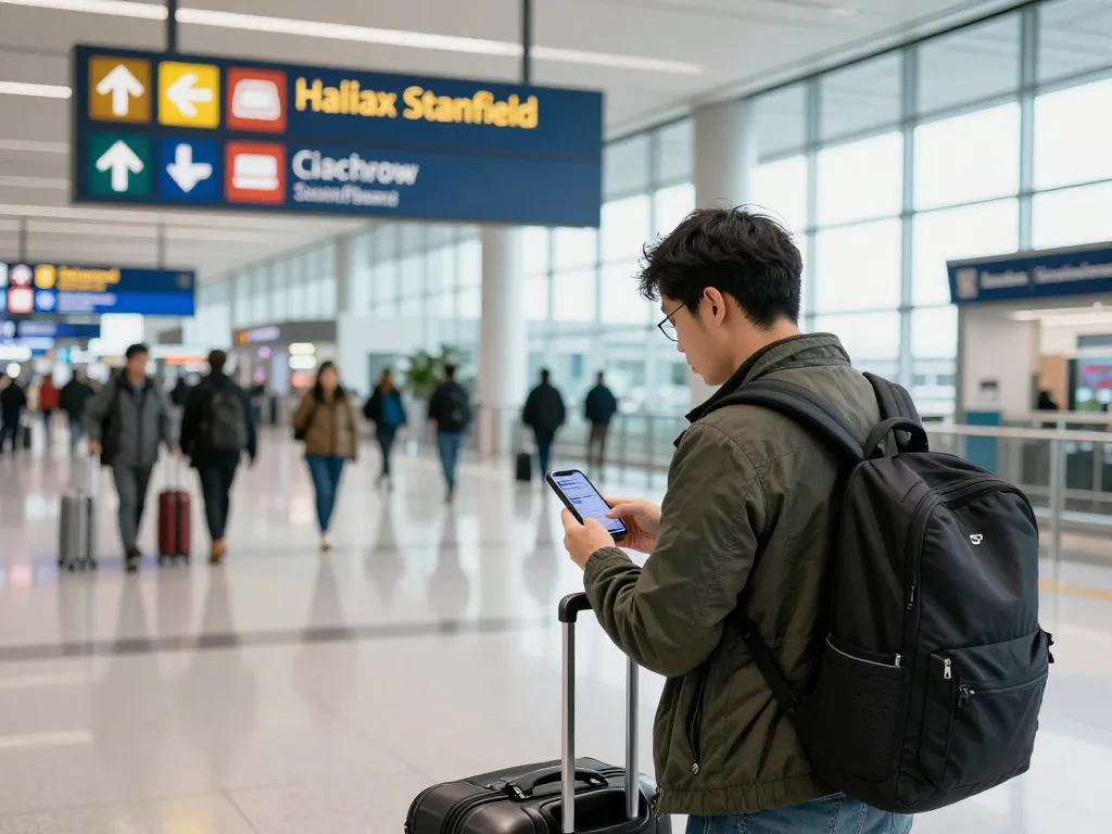 Preparing for the journey to Heathrow Airport from Halifax at the terminal.