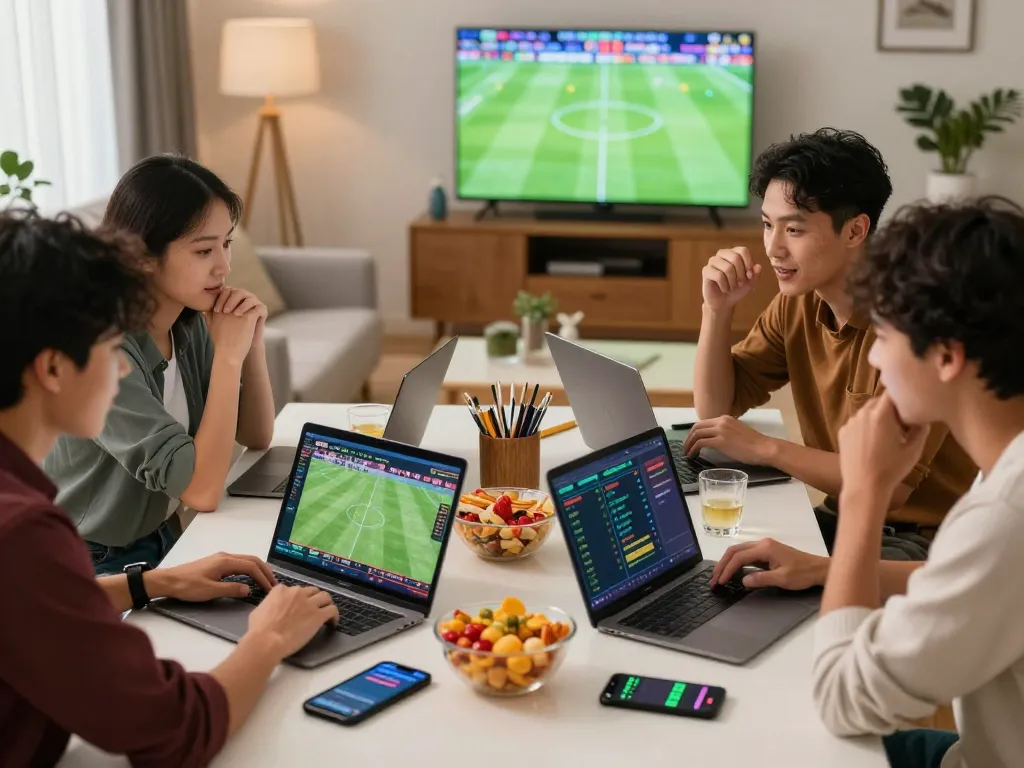 Kelompok mendiskusikan strategi taruhan judi bola online di ruang tamu yang nyaman.
