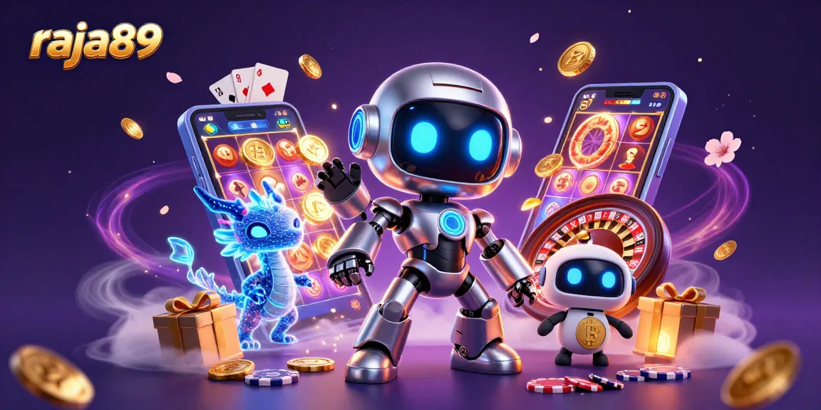 Experience the excitement of raja89 with vibrant slot games and digital companions in this 3D casino illustration.