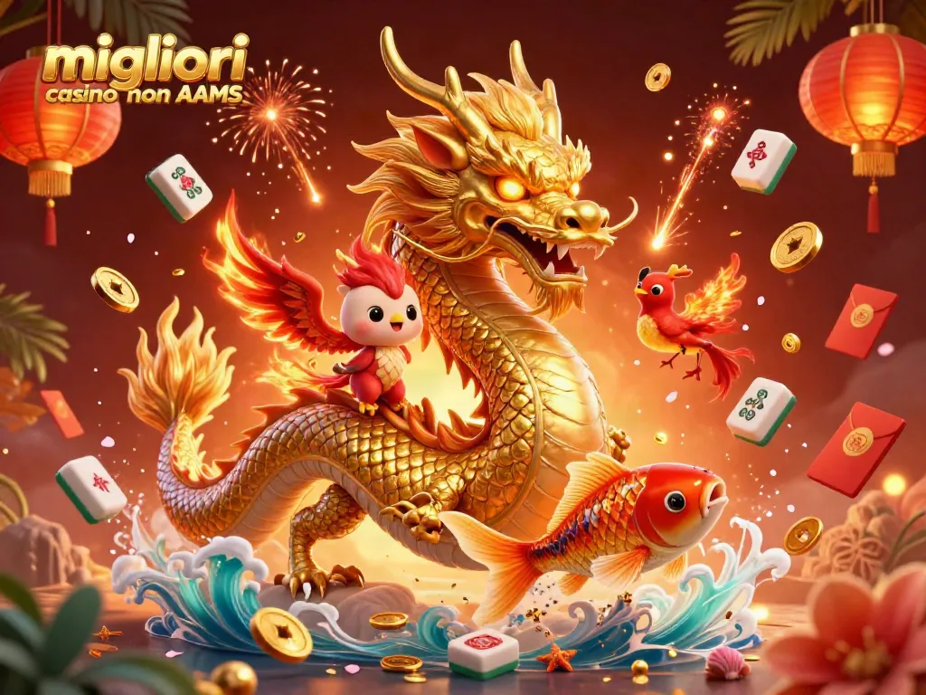 Gioca nei migliori casino non AAMS con il drago d’oro e il pesce fortunato, immerso in un'illustrazione 3D ricca di dettagli.