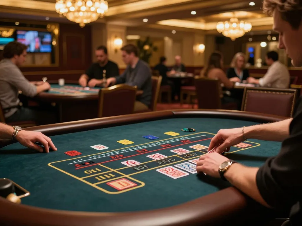 Engaging w 88 players placing bets at an elegant casino roulette table, showcasing strategic gameplay.