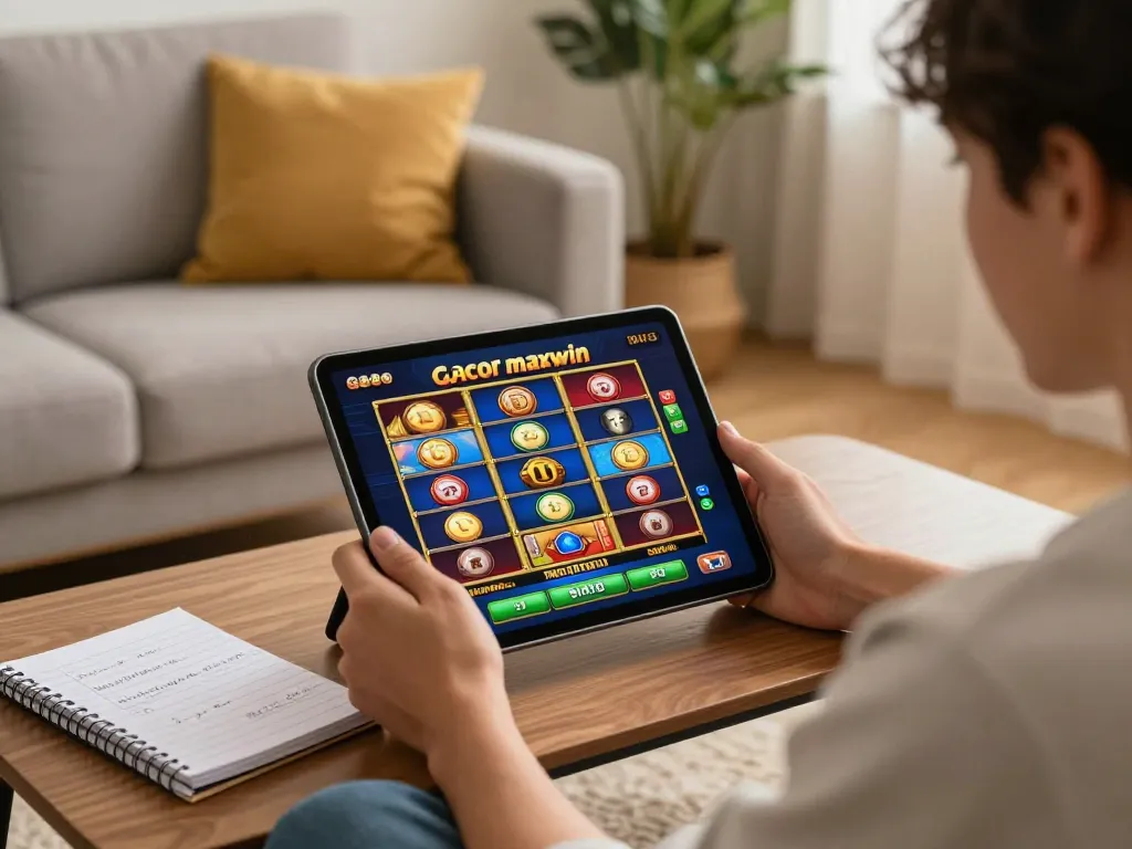 Player spinning the reels on slot gacor maxwin in a cozy living room.