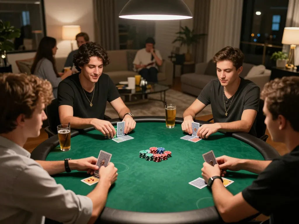 Players at a home poker night strategizing with cards and chips in hand, showcasing the x88 gaming experience.