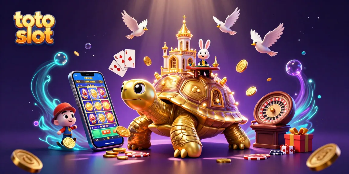 Spin vibrant toto slot reels with a golden tortoise casino scene full of coins and games.