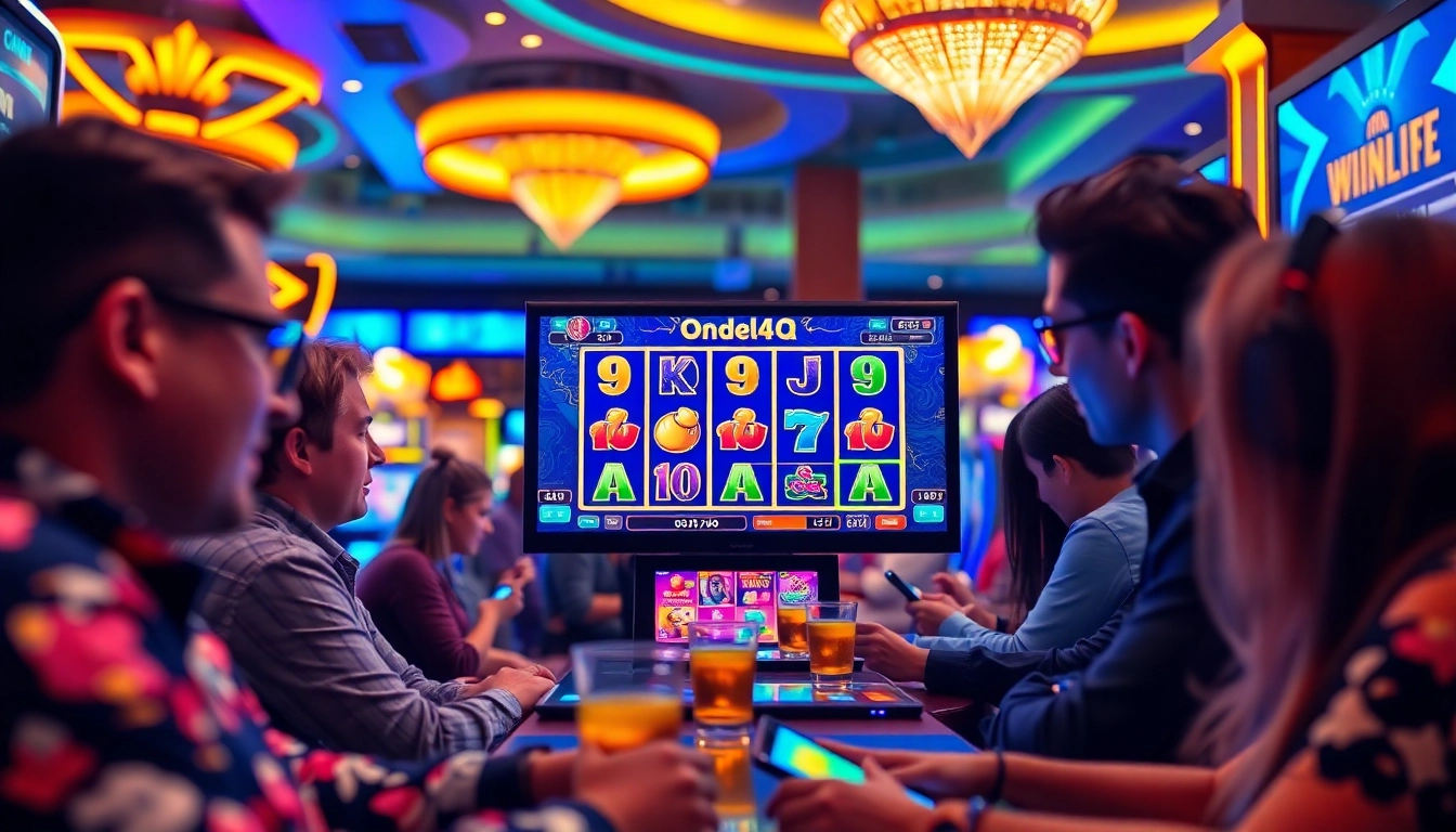 Menampilkan pemain yang terlibat dengan slot online ondel4d slot dalam suasana kasino yang cerah.