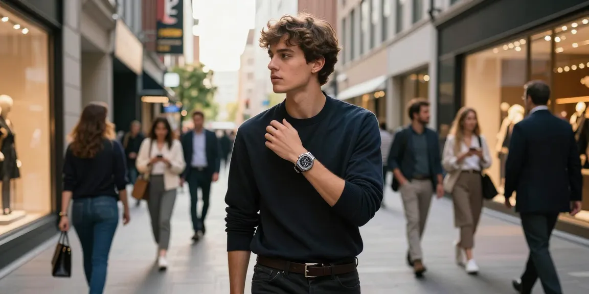 The model highlights a stunning super clone watch in a vibrant urban setting, showcasing luxury and style.