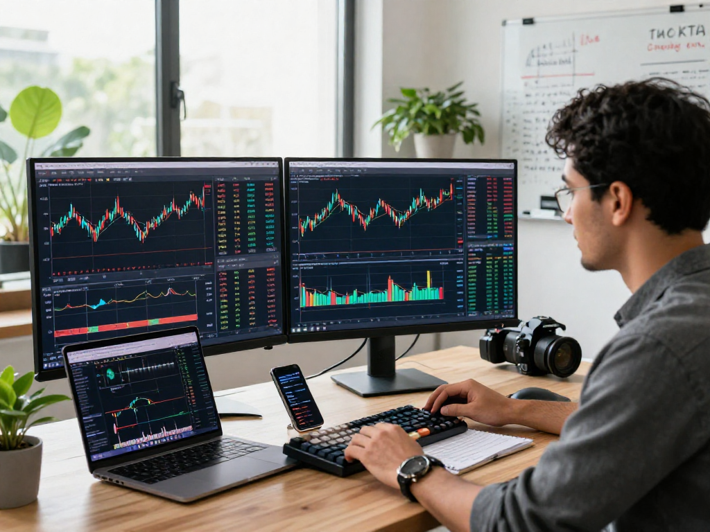 Trader analyzing diverse market data on TradingView in a modern workspace with multiple screens and trading tools.