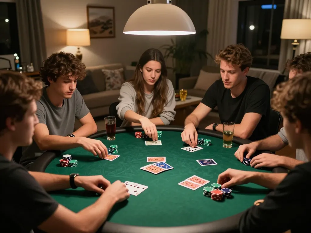 Engaging poker night scene showcasing players at a round table, illustrating strategic gameplay with poker chips and cards, enhancing the gambling experience.