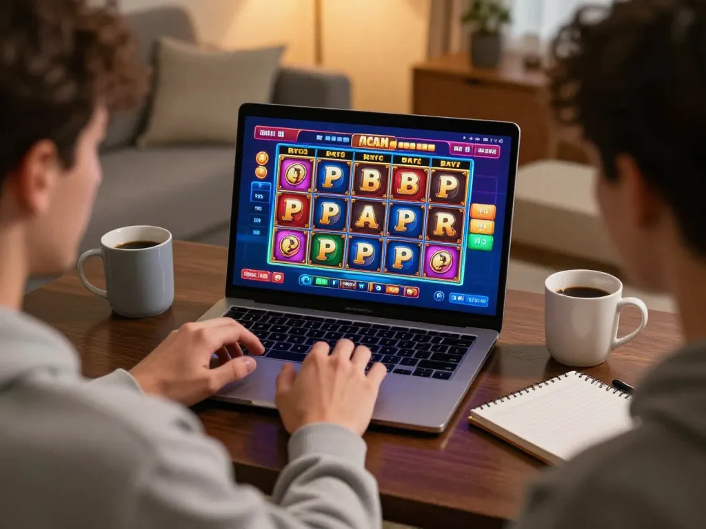 Players strategizing on เว็บตรง online slot games from cozy home setup with laptops and snacks