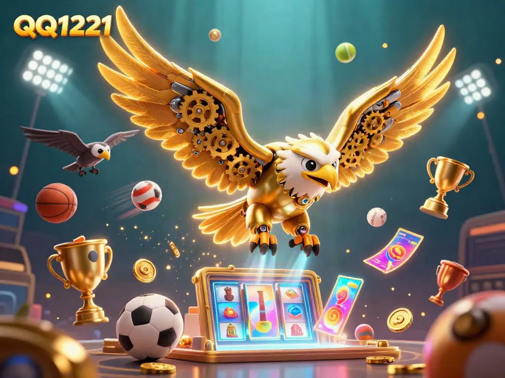 Experience dynamic gameplay with QQ1221 featuring a cybernetic eagle amidst vibrant casino elements.