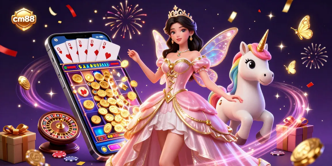 Spin the slots at cm88 while enjoying a magical scene with 3D characters and golden coins.