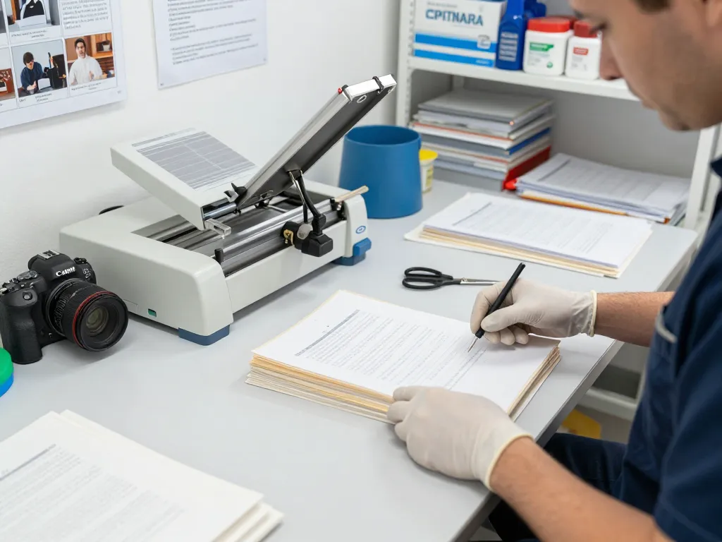 Expert bóc ép plastic technician safely restoring documents without damage in a bright workshop.