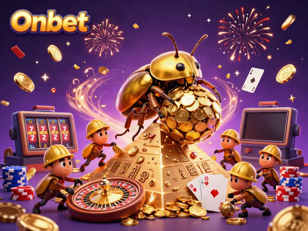 Onbet's golden beetle rolls coins while roulette and playing cards spin in a vibrant casino scene.