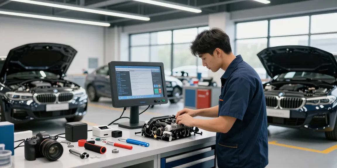 Professionelle Reparatur in einer BMW Werkstatt Hannover mit einem Techniker, der einen Motor inspiziert.