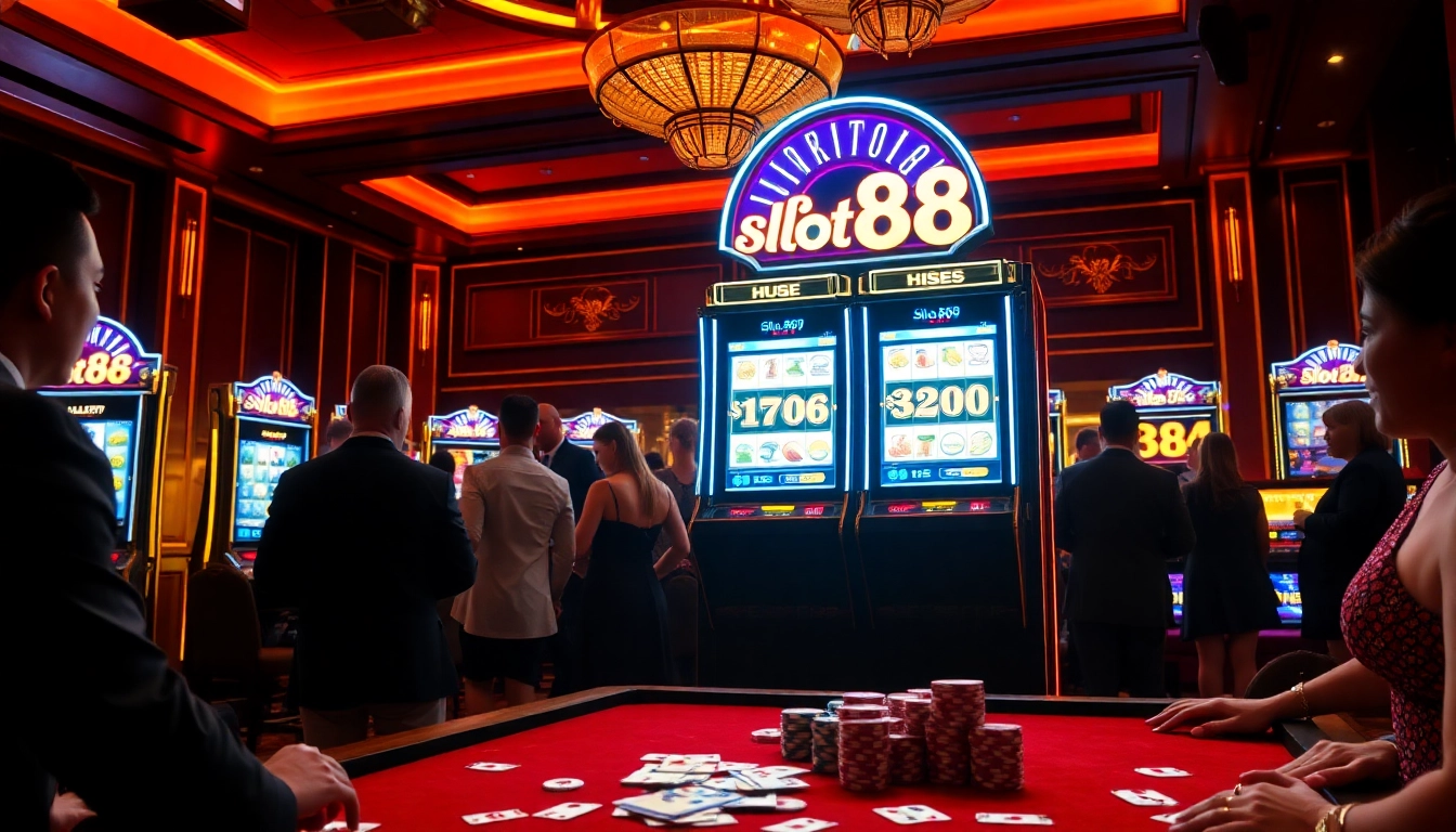 Players enjoying the excitement of slot88 machines in a luxurious casino setting.