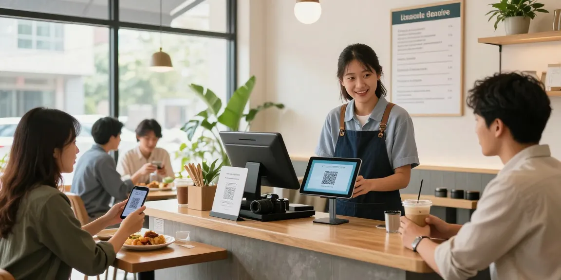 Customers using loyalty software in a lively cafe setting, engaging with QR codes for rewards.