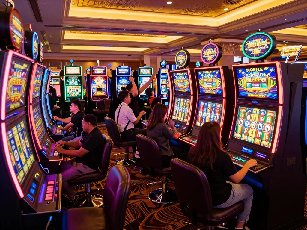 Players enjoying thrilling slot gacor maxwin machines with vibrant displays at a lively casino.