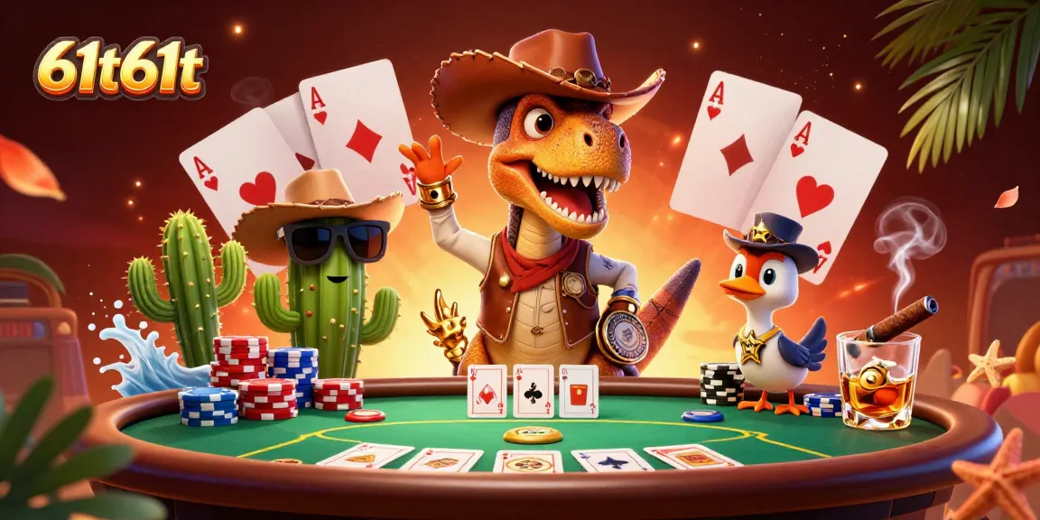 Aposte no 61t61t enquanto o T-Rex cowboy e seus amigos jogam poker em um cenário vibrante.