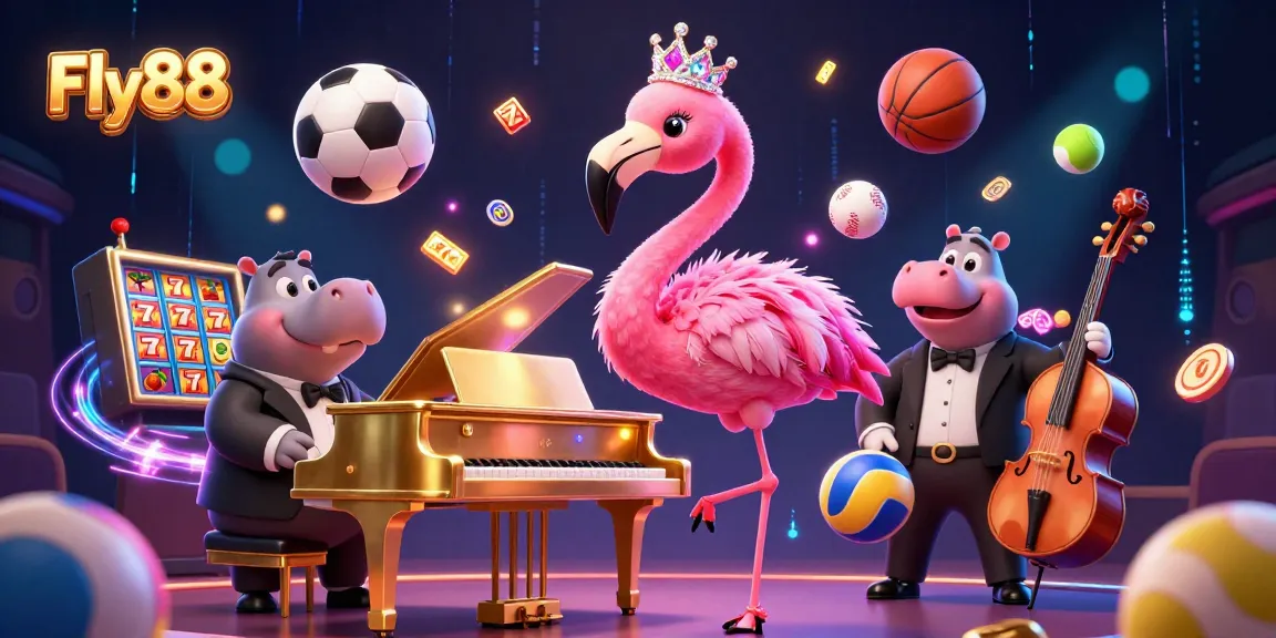 Engage with Fly88 in a lively casino scene featuring a flamingo singer and hippo bassist.