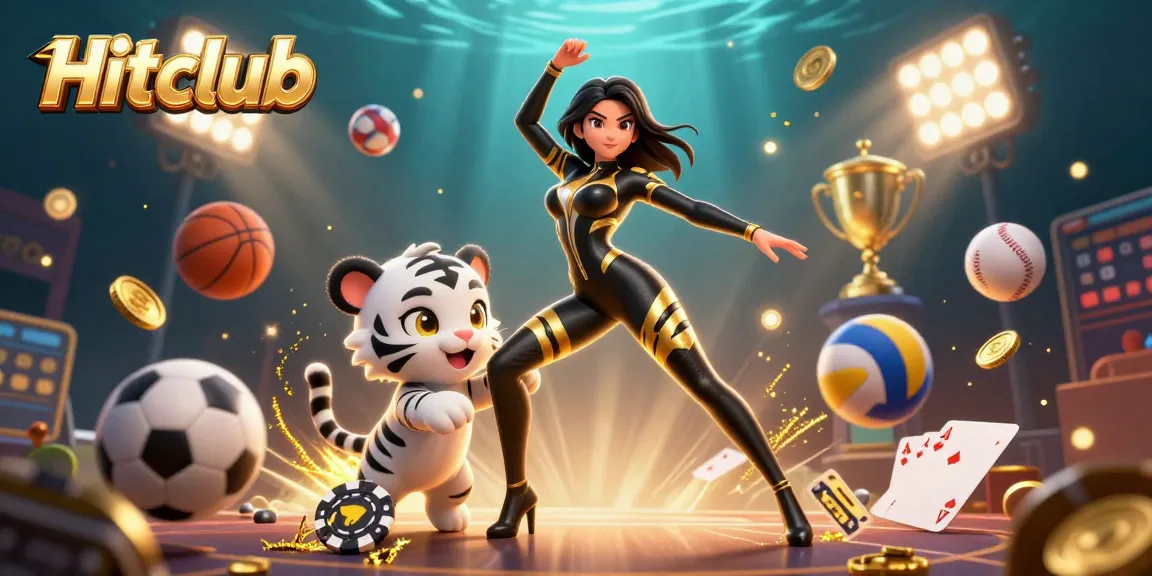 Hitclub's vibrant 3D illustration showcases a acrobat in a tiger-striped suit engaging with a winning poker chip amidst dynamic gaming elements.