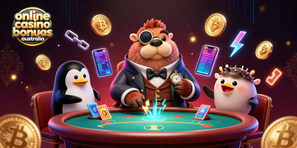 Win big with exclusive online casino bonuses Australia at this poker table with fun 3D characters.