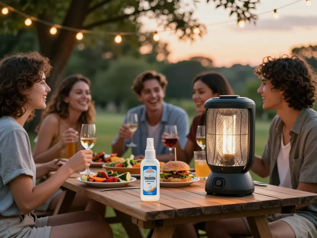Group enjoying a barbecue outdoors with mosquito repellent bottle on table, highlighting summer protection.