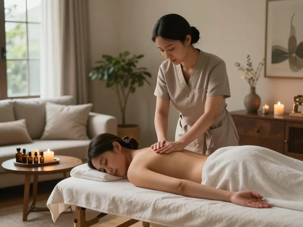 Professional massage therapy session at home highlighting maxim-anma.net premium service