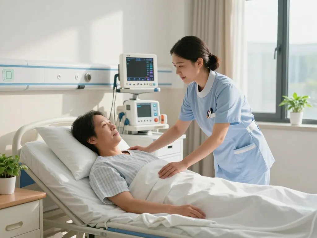 Adjusting a giường bệnh nhân in a modern hospital room, showcasing care and medical equipment.