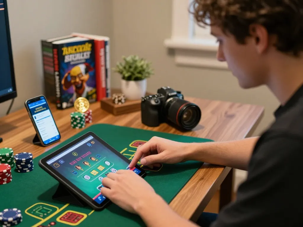Engaged player at home using https://va88.moe/ for live dealer blackjack, showcasing responsible online gaming action.