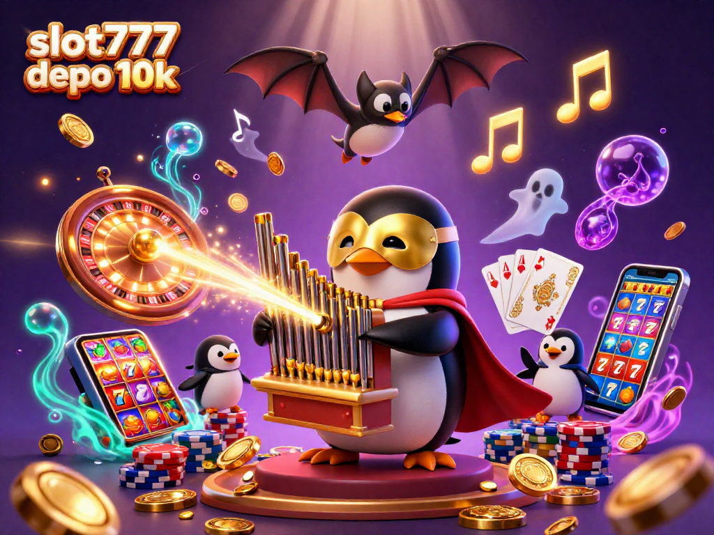 Win big with slot777 depo 10k bonuses, featuring a vibrant 3D casino scene full of action.