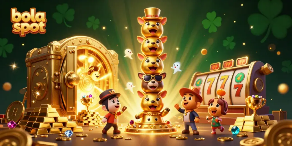 Experience thrilling bola slot action within a vibrant 3D illustration of a golden totem and treasure