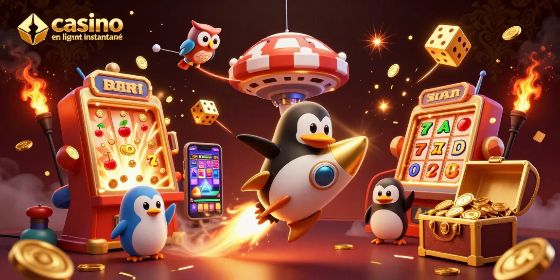 Jouez au casino en ligne retrait instantané avec un pingouin doré, machines à sous et trésors scintillants.