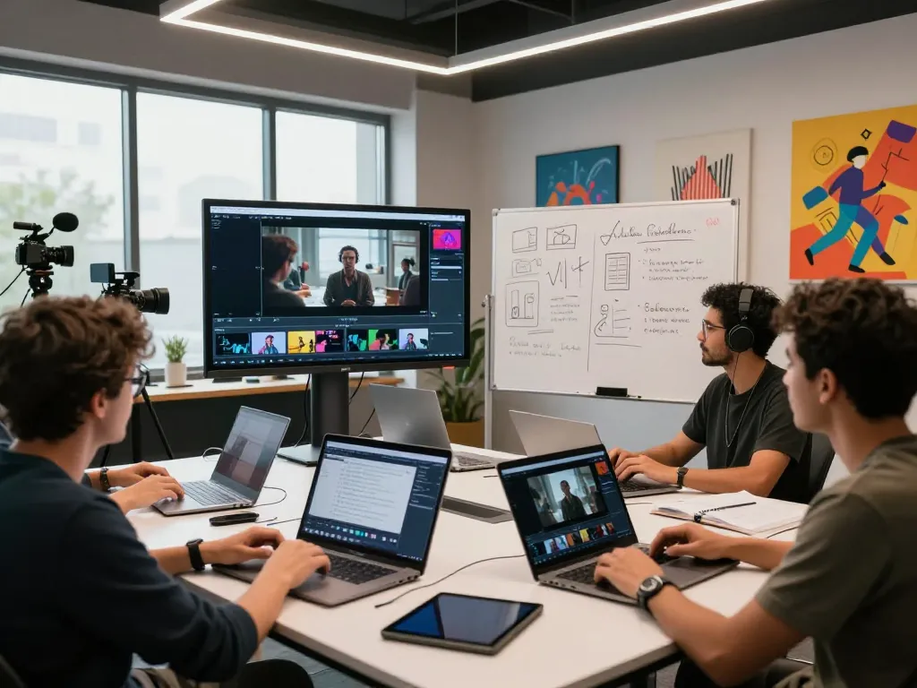 Seedance 2.0 collaboration scene with diverse creators in a modern video studio setting.