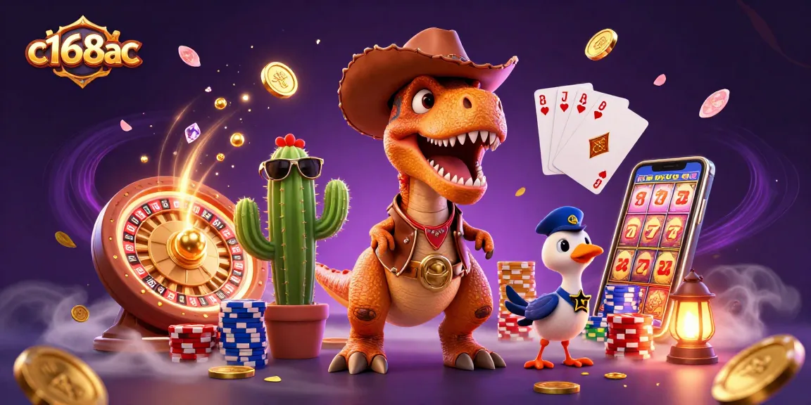 C168ac showcases an exciting casino atmosphere with a T-Rex and friends celebrating wins in a vibrant scene.