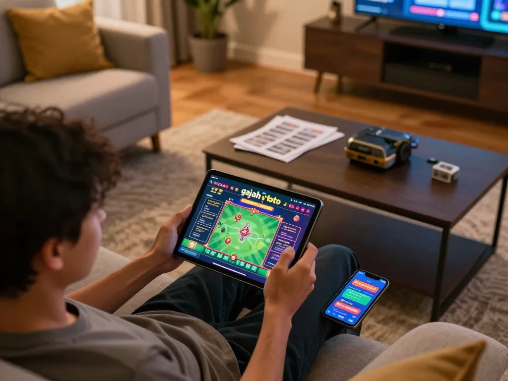 Engaging gameplay at home using gajah toto mobile app on tablet with strategy notes
